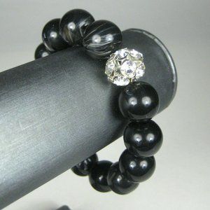 Faux Stone Beads Silvertone Plastic Beaded Bracelet 9.25 in Stretch Rhinestones
